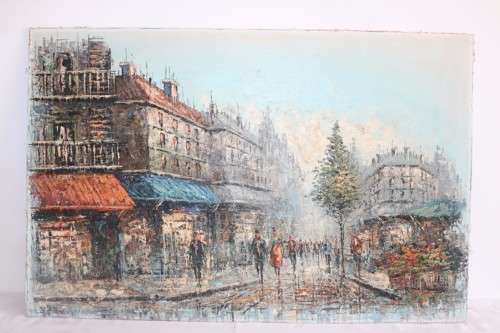 A striking oil on board signed painting of a French street scene - amazing, vibrant art