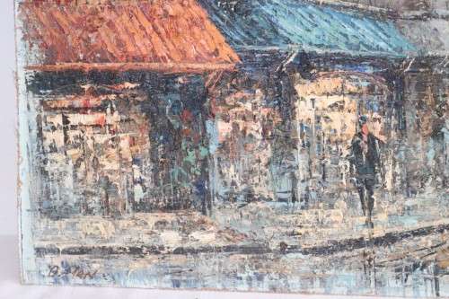 A striking oil on board signed painting of a French street scene - amazing, vibrant art