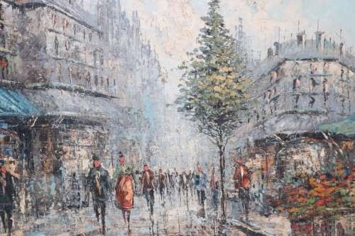 A striking oil on board signed painting of a French street scene - amazing, vibrant art