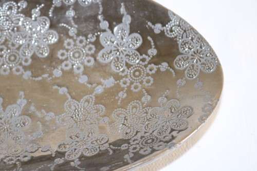 An lovely silver coloured porcelain tray/ cake plate with ornate detailing on it - RS17Sale