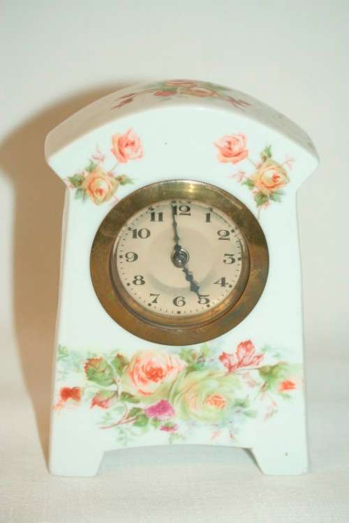 A stunning vintage white porcelain table clock w floral print detailing & brass clock - RS17Sale