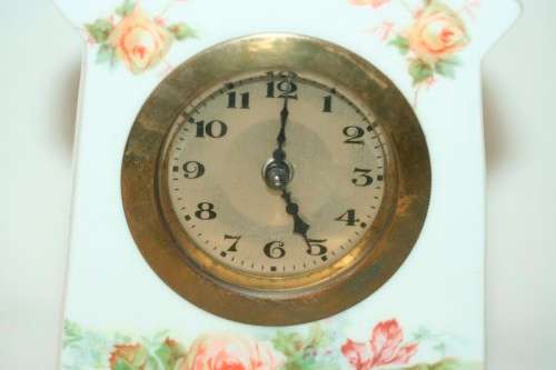 A stunning vintage white porcelain table clock w floral print detailing & brass clock - RS17Sale