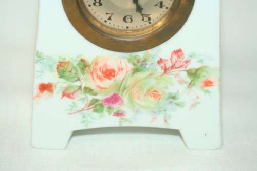 A stunning vintage white porcelain table clock w floral print detailing & brass clock - RS17Sale
