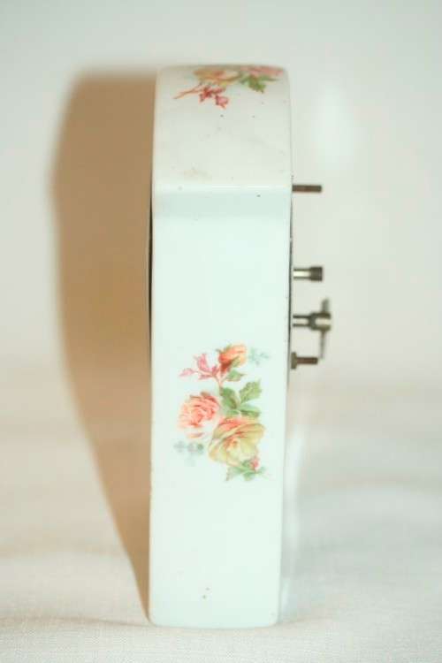 A stunning vintage white porcelain table clock w floral print detailing & brass clock - RS17Sale