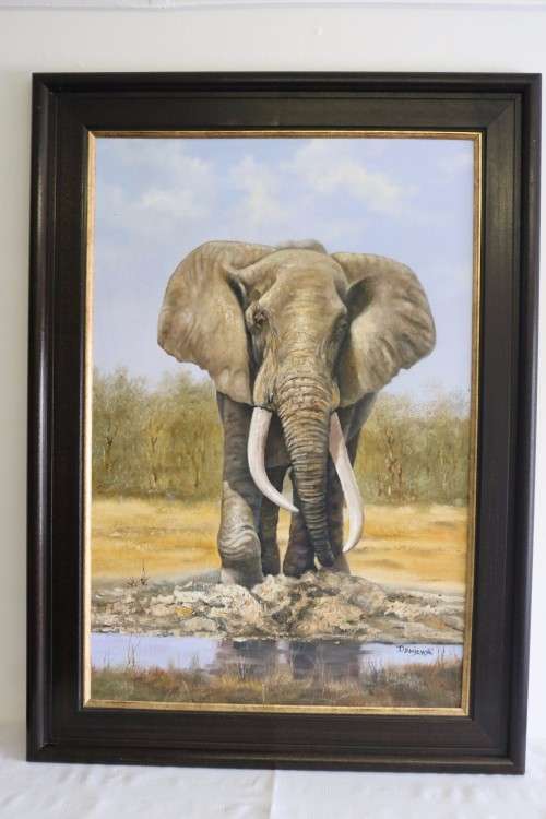 A wonderful large framed and signed oil on board painting of a magnificent elephant - stunning art!