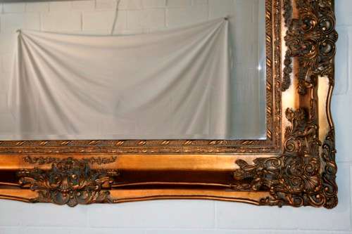 Superbly detailed huge (150cm x 89cm) ornately moulded bevelled glass dressing/ mantle mirror RS17M