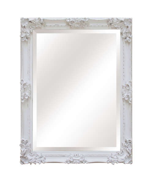 Beautiful ornately moulded "matt white" wooden framed bevelled glass wall mirror = a stunner! RS17M