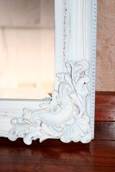 Beautiful ornately moulded "matt white" wooden framed bevelled glass wall mirror = a stunner! RS17M