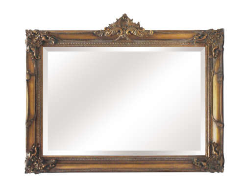 Exquisite solid wooden ornately moulded "antique gold" bevelled glass buffet/ mantle mirror - RS17M