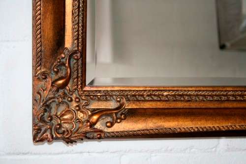 Exquisite solid wooden ornately moulded "antique gold" bevelled glass buffet/ mantle mirror - RS17M