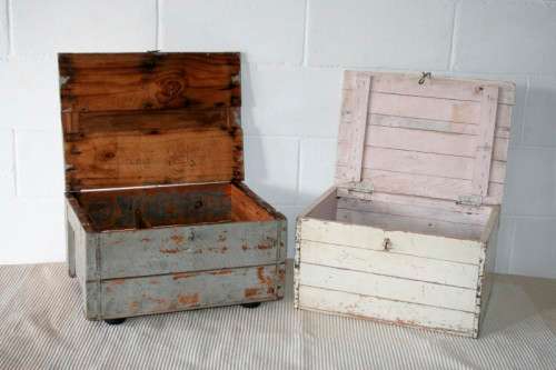 Two wonderful vintage wooden storage boxes with hinged lids and latches - price/box