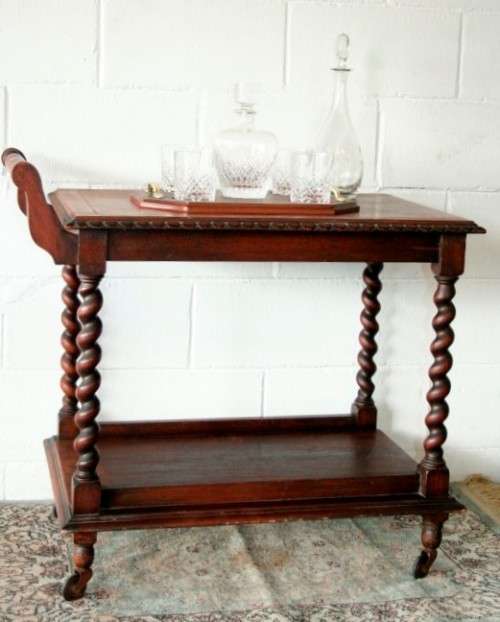 A rare antique Victorian Honeyed-oak barley-twist drinks/ tea trolley on castors in great condition