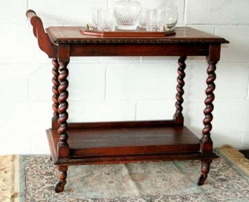 A rare antique Victorian Honeyed-oak barley-twist drinks/ tea trolley on castors in great condition