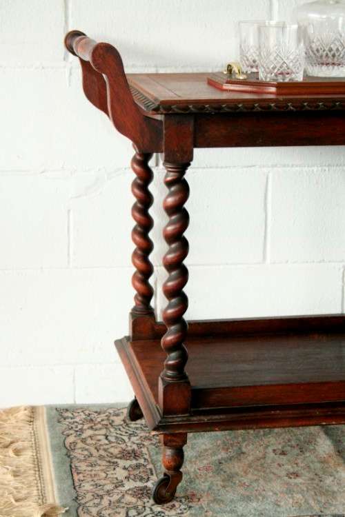 A rare antique Victorian Honeyed-oak barley-twist drinks/ tea trolley on castors in great condition