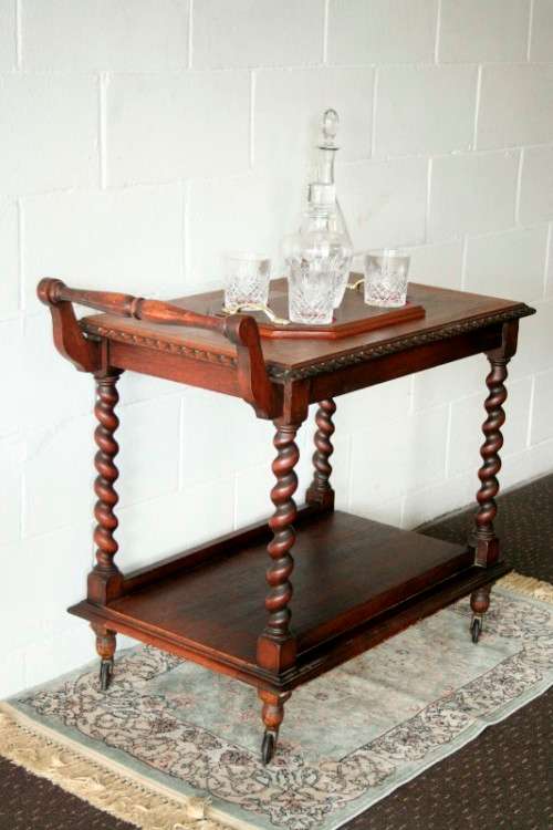 A rare antique Victorian Honeyed-oak barley-twist drinks/ tea trolley on castors in great condition