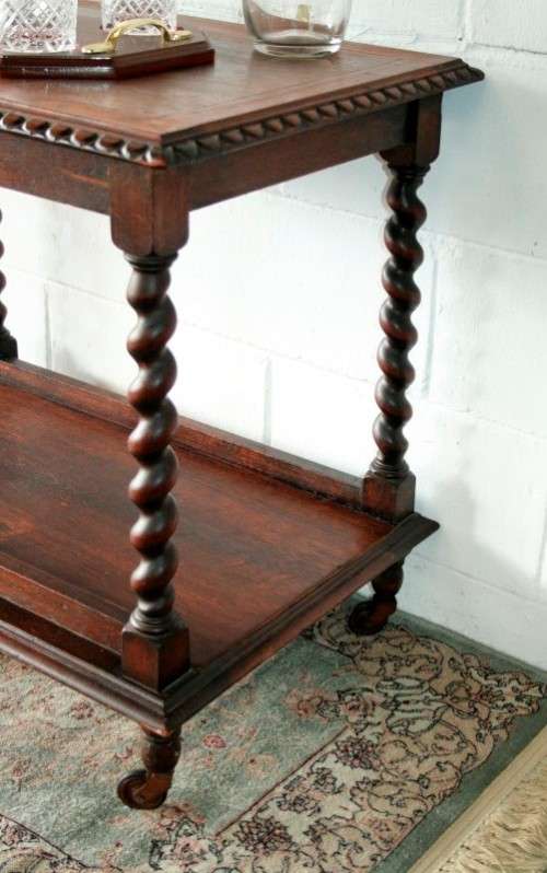 A rare antique Victorian Honeyed-oak barley-twist drinks/ tea trolley on castors in great condition