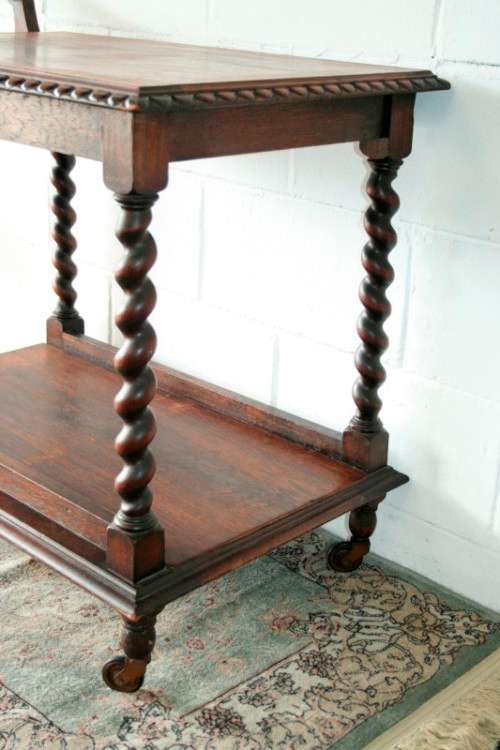 A rare antique Victorian Honeyed-oak barley-twist drinks/ tea trolley on castors in great condition