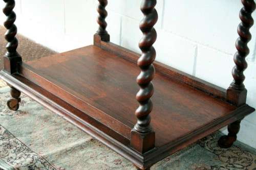 A rare antique Victorian Honeyed-oak barley-twist drinks/ tea trolley on castors in great condition