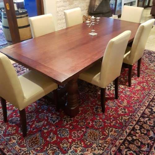 A superb modern styled long (2.4m) dining room table w/ 6x stunning genuine leather high-back chairs