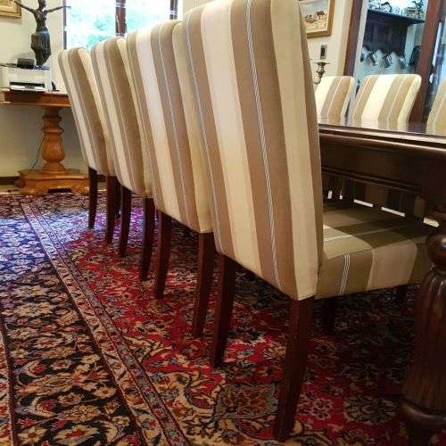 A spectacular Mahogany 8-10 seater dining room suite with luxuriously upholstered chairs - STUNNING!