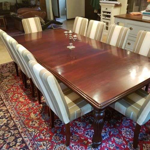 A spectacular Mahogany 8-10 seater dining room suite with luxuriously upholstered chairs - STUNNING!