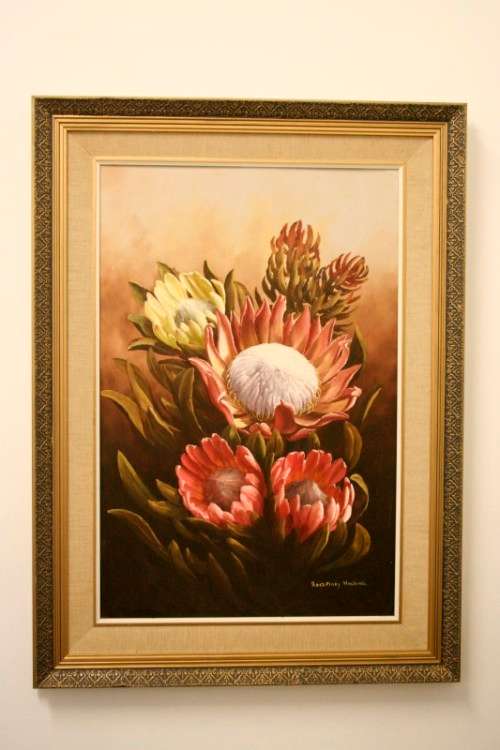 A superb (large) signed and framed oil painting of King Proteas by renowned artist Rose-Mary Hacking