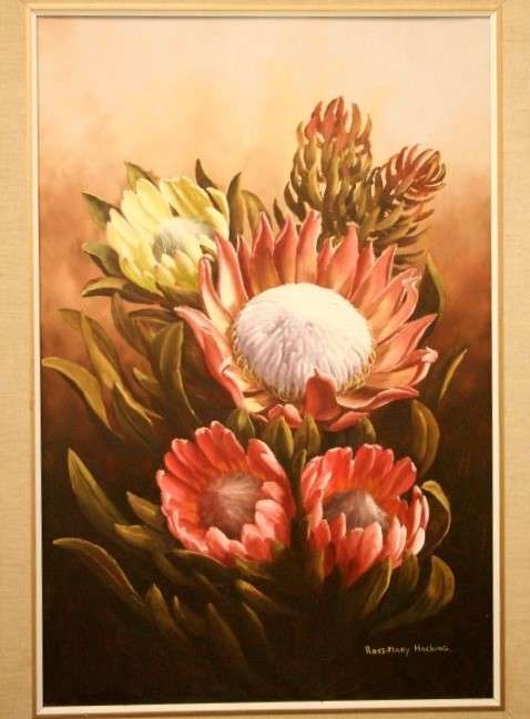 A superb (large) signed and framed oil painting of King Proteas by renowned artist Rose-Mary Hacking