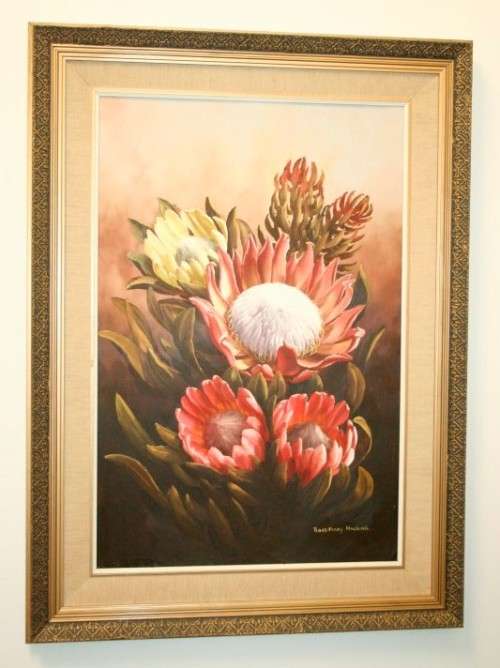 A superb (large) signed and framed oil painting of King Proteas by renowned artist Rose-Mary Hacking