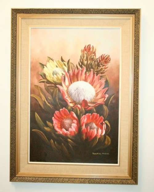 A superb (large) signed and framed oil painting of King Proteas by renowned artist Rose-Mary Hacking