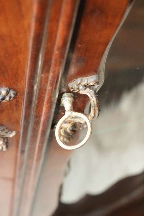A beautiful vintage "curved glass" ball and claw display cabinet w scalloped edges & glass shelves