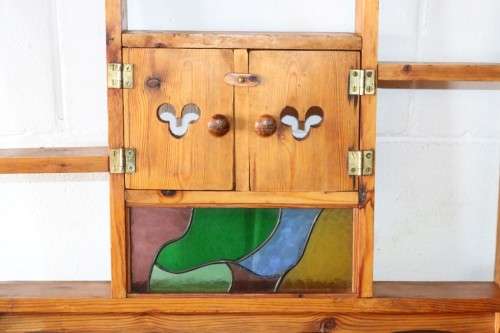 A wonderful vintage solid Oregon medicine/ vanity wall cabinet with two doors and stained glass