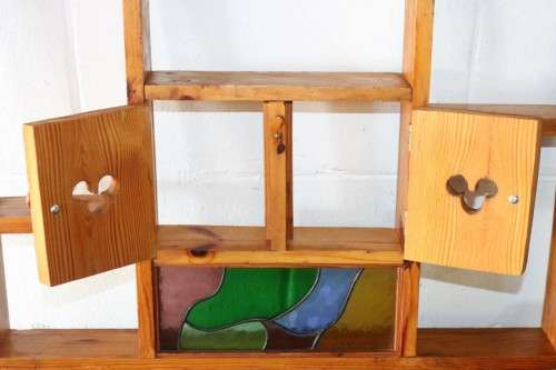 A wonderful vintage solid Oregon medicine/ vanity wall cabinet with two doors and stained glass