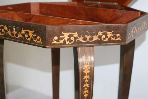 A wonderful Italian-made sewing box/ table with French lacquer detailing and a music box - stunning!