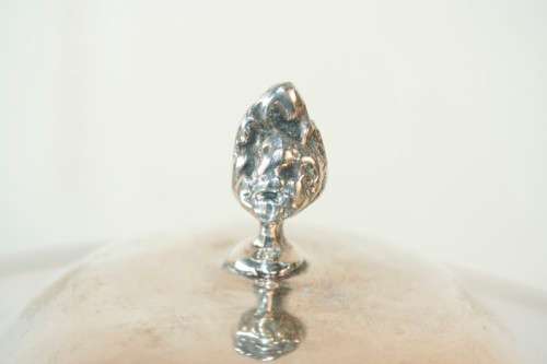 An exquisite vintage "EMESS" silver plated tureen with a slotted lid and beautiful ornate handles