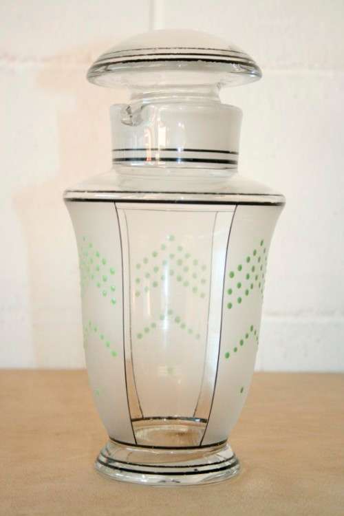 A superb rare antique Art Deco cocktail shaker with two pour spouts & hand painted period detailing