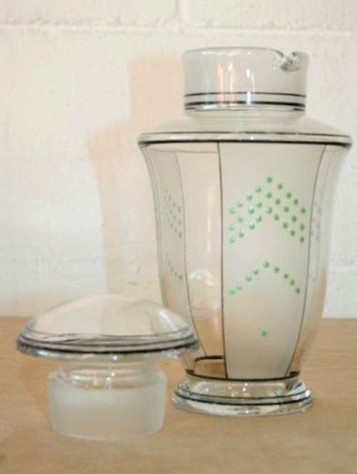A superb rare antique Art Deco cocktail shaker with two pour spouts & hand painted period detailing