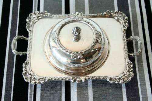 A beautiful vintage "Seranco" silver plated lidded breakfast butter dish with ornate mounts
