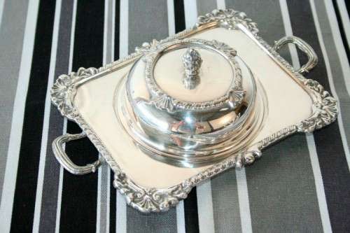 A beautiful vintage "Seranco" silver plated lidded breakfast butter dish with ornate mounts