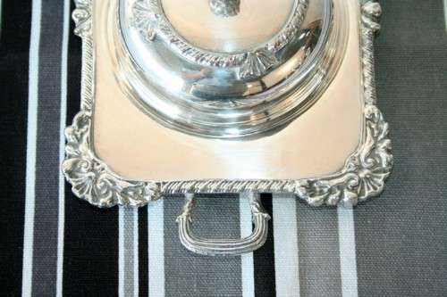 A beautiful vintage "Seranco" silver plated lidded breakfast butter dish with ornate mounts