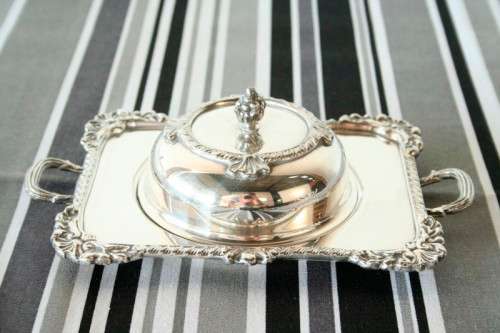 A beautiful vintage "Seranco" silver plated lidded breakfast butter dish with ornate mounts