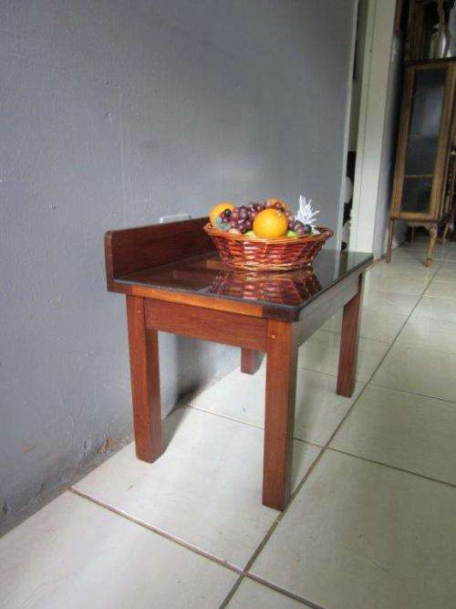 Awesome teak luggage stand / occasional table w/ glass top - perfect against a wall with a vase