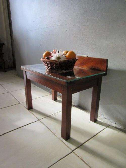 Awesome teak luggage stand / occasional table w/ glass top - perfect against a wall with a vase