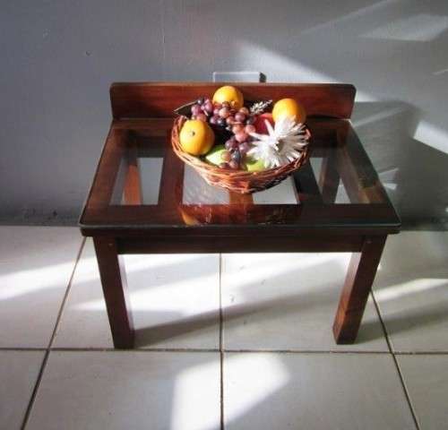 Awesome teak luggage stand / occasional table w/ glass top - perfect against a wall with a vase