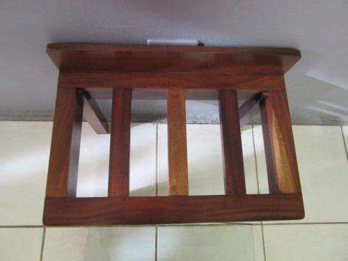 Awesome teak luggage stand / occasional table w/ glass top - perfect against a wall with a vase
