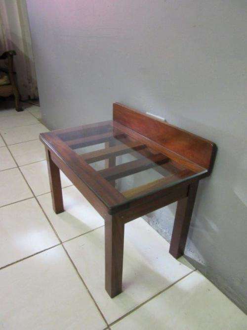 Awesome teak luggage stand / occasional table w/ glass top - perfect against a wall with a vase