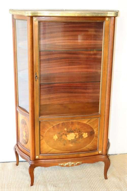 Superb vintage French "Vernis Martin" Louis XV-style show case w/ amazing marquetry inlay detailing
