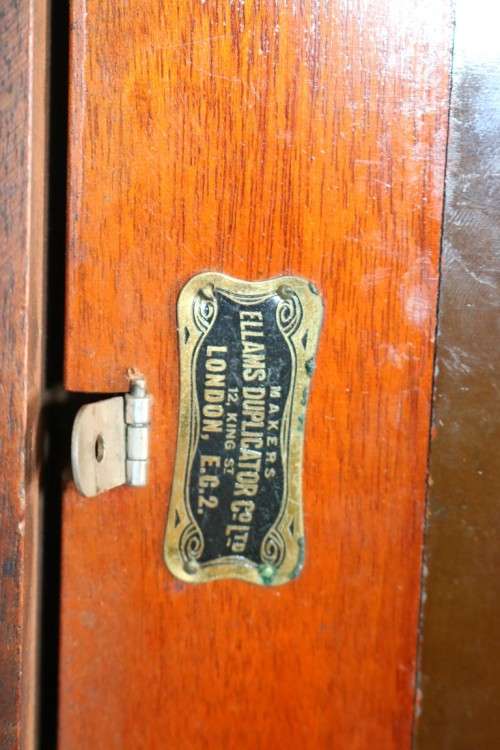 **RS17** An awesome (c1930) "Ellams Duplicators" mimeograph in a cabinet with the original roller