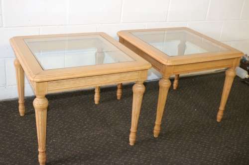 Two wonderful Oak side tables with removable glass tops and fluted carved legs - price/table