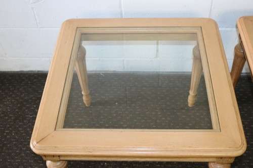 Two wonderful Oak side tables with removable glass tops and fluted carved legs - price/table