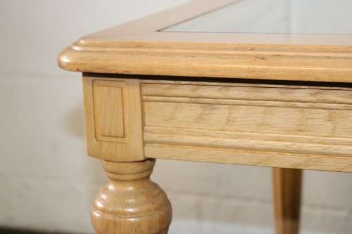 Two wonderful Oak side tables with removable glass tops and fluted carved legs - price/table